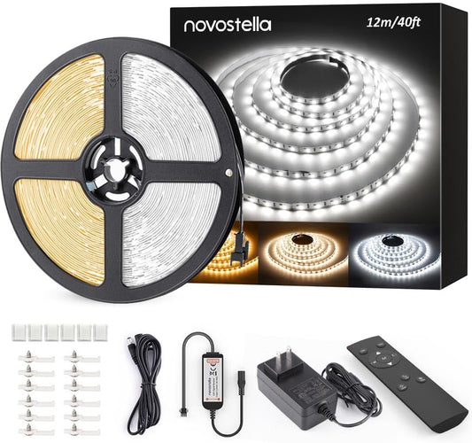 Novostella 40ft Tunable White LED Strip Light 1344 LEDs Dimmable 3000K-6500K 24V Remote Flexible LED Tape for Christmas Living Room Cabinet Counter Bedroom Home Kitchen Bar Ceiling Daylight Warm White
