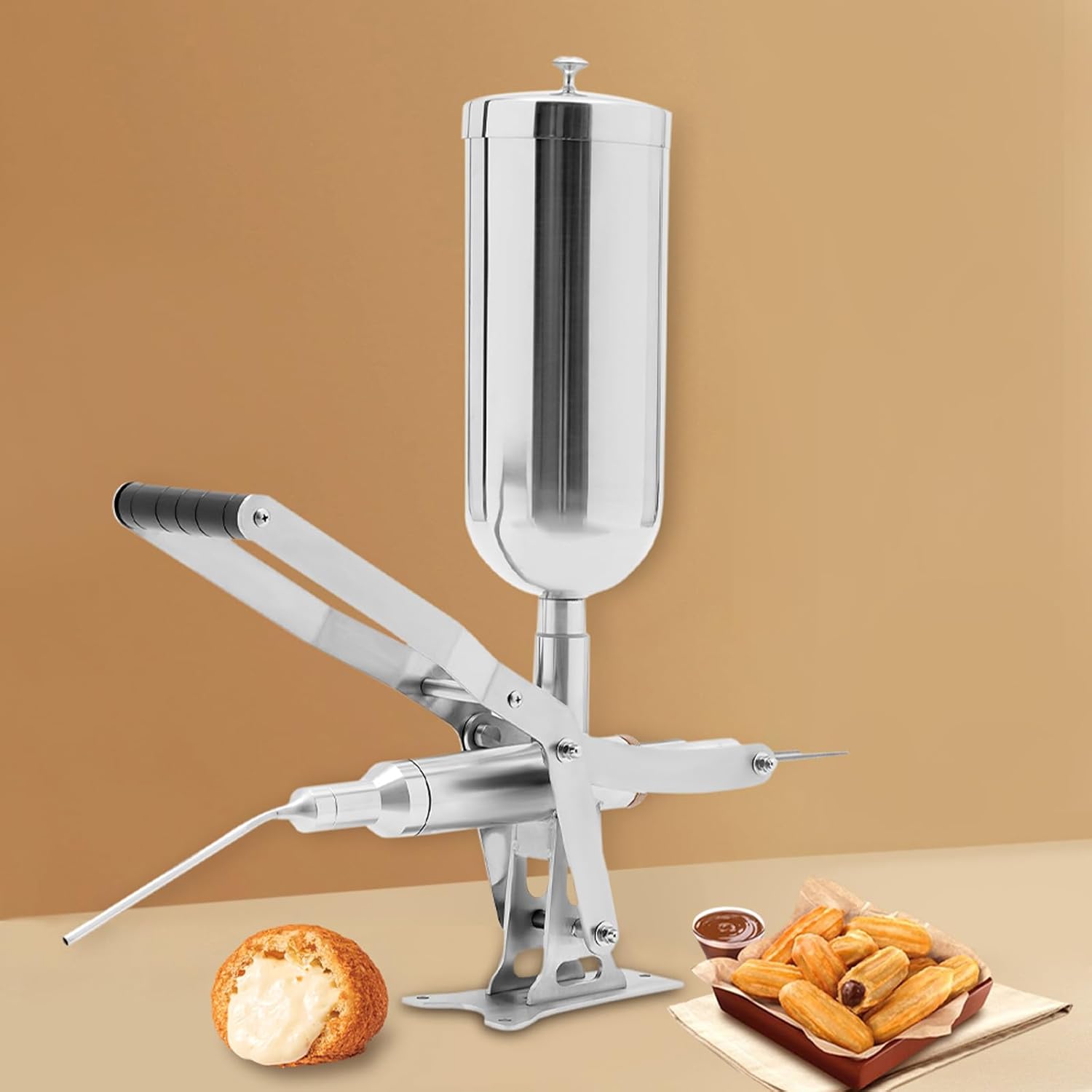 Manual Donut Filling Machine, 304 Stainless Steel Cream Injector Jam Dispenser Paste Filler with 5L Hopper 4 Nozzles & Filling Accuracy ±1G for Bakery Kitchen Cafe Dessert Shop