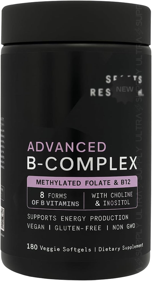 Sports_Researchs Advanced B-Complex (180 Count.) Full Spectrum B Vitamins with Methylated Folate & B12 - Vegan, Gluten Free, Non-GMO Energy Support Formula