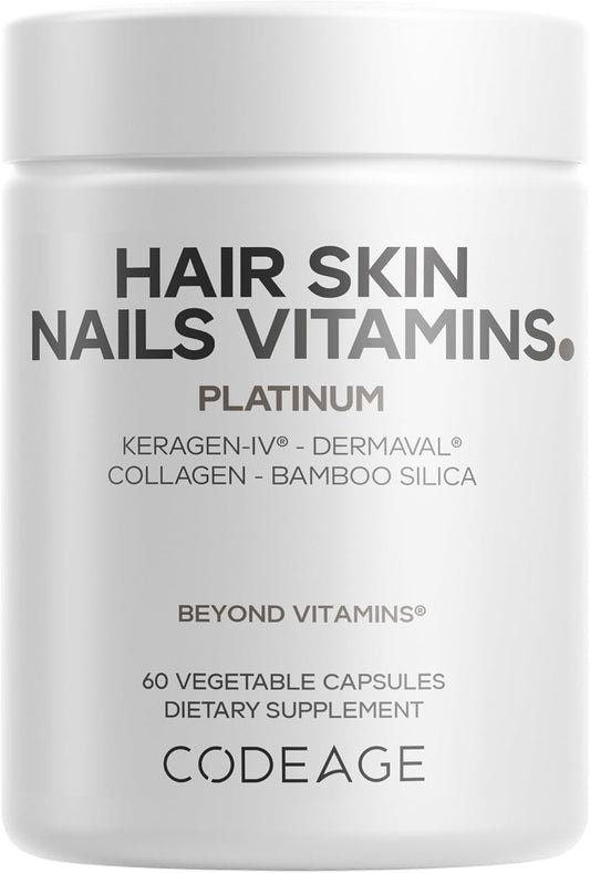 Codeage Hair Skin Nails Vitamins Platinum - KeraGEN-IV Keratin, Dermaval - Hair Fall, Skin Elasticity & Moisture Support - Biotin 5000, Collagen, Vitamin C, Coffeeberry, PABA Supplement - 60 Capsules