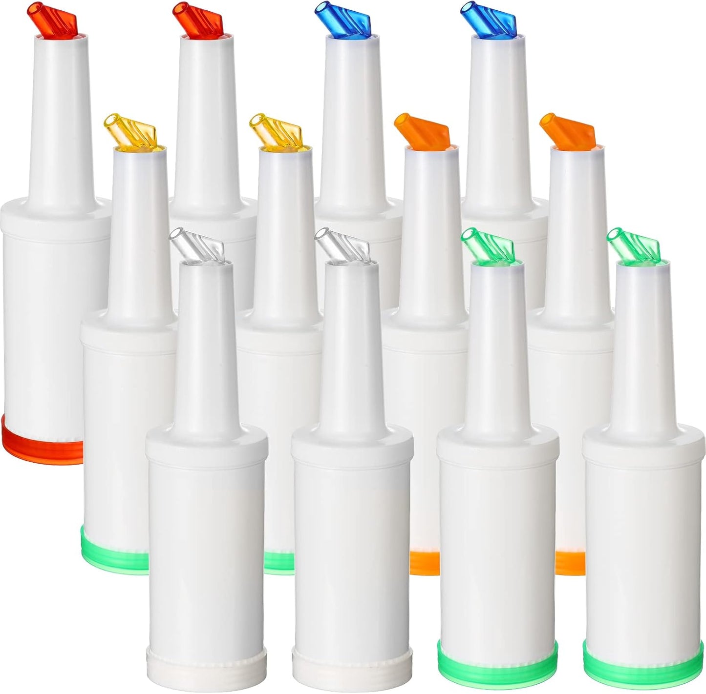 12 Pack Bar Pour Colorful Juice Pouring Bottle Containers 34 oz Plastic Juice Dispensers in 6 Colors for Bar Home Kitchen Party Supplies