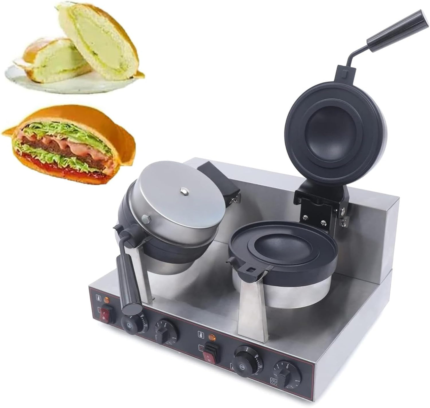Commercial Electric Burger Waffle Maker Machine, Non Stick Panini Hamburger Press Machine Stainless Steel Ice Cream Burger Baker for Waffles, Paninis Household Hamburger Maker,Double
