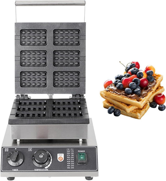 Commercial Waffle Maker, 1750W 6PCS Non-stick Belgian Waffle Maker Iron with Temp and Time Control, Rectangle Electric Waffle Baker Machine for Restaurant Hotel Party Food Stall Cafes