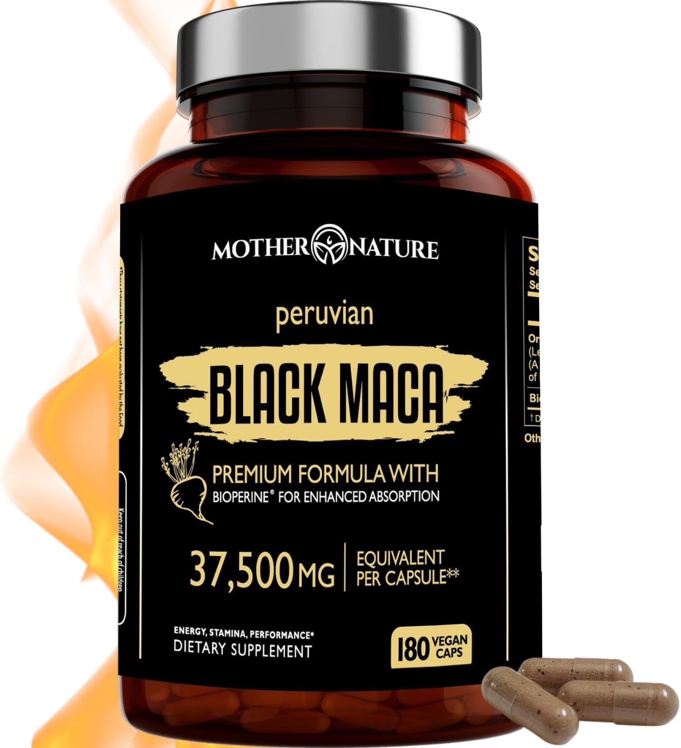 Mother Nature 37,500mg 50x Strength Organic Peruvian Highly Concentrated Black Maca Root for Men 100% Pure Maca Peruana 50:1 Extract to Boost Stamina, Enegy, Muscle Gain - 180 Capsules