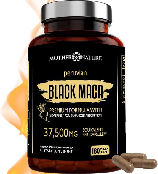 Mother Nature 37,500mg 50x Strength Organic Peruvian Highly Concentrated Black Maca Root for Men 100% Pure Maca Peruana 50:1 Extract to Boost Stamina, Enegy, Muscle Gain - 180 Capsules