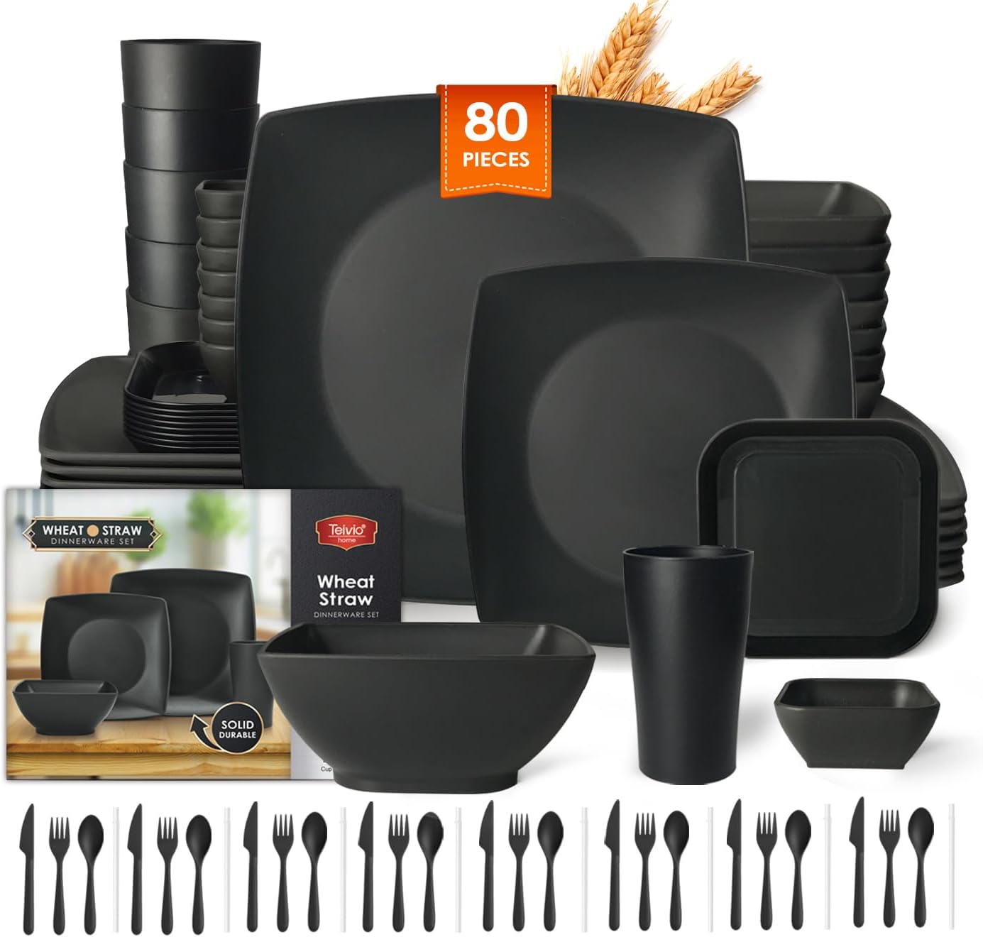 Teivio 80-piece Plastic Kitchen Wheat Straw Square Dinnerware Set for 8, Unbreakable Dinner Plates, Salad Plates, Snack Bowls,Sauce Cups,Tumblers 13.5oz, Dishwasher Safe, Outdoor Camping Dish, Black