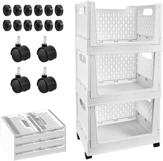 Stackable Plastic Storage Basket, 3 Pack Foldable Closet Organizers and Storage Bins with Wheels, Collapsible Drawer Shelf Storage Box Container for Office Bedroom Closet Wardrobe Kitchen Bathroom