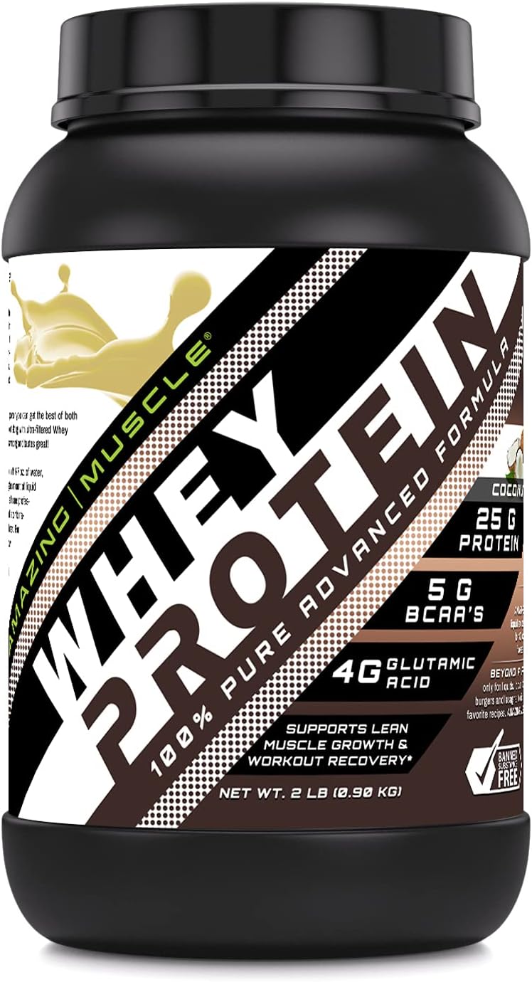 Amazing Muscle 100% Whey Protein Powder *Advanced Formula with Whey Protein Isolate Along with Ultra Filtered Whey Protein Concentrate (Coconut, 2 Lb)