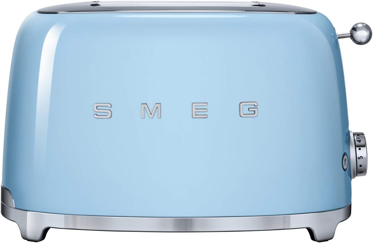 Smeg TSF01PBUK Retro 2 Slice Toaster, 6 Browning Levels, Extra-Wide Bread Slots, Defrost and Reheat Functions, Removable Crumb Tray, 950 W, Pastel Blue
