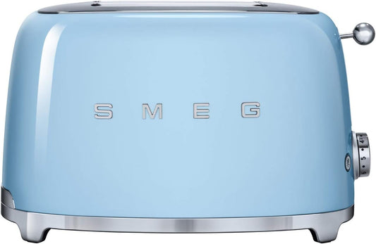 Smeg TSF01PBUK Retro 2 Slice Toaster, 6 Browning Levels, Extra-Wide Bread Slots, Defrost and Reheat Functions, Removable Crumb Tray, 950 W, Pastel Blue