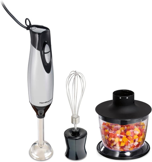 Hamilton Beach 4-in-1 Electric Immersion Hand Blender with Handheld Blending Stick, Whisk + 3-Cup Food & Vegetable Chopper Bowl, 2-Speeds, 225 Watts, Silver and Stainless Steel (59765)