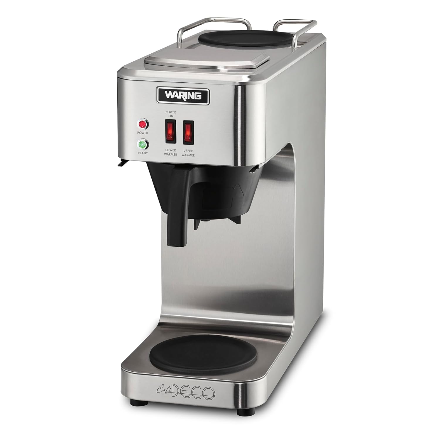 Waring WCM50 Café Deco Pour Over Decanter Coffee Brewer, Stainless Steel Construction, Two Individually Operated Warmers, No Plumbing Required, 120V, 5-15 Phase Plug,Silver