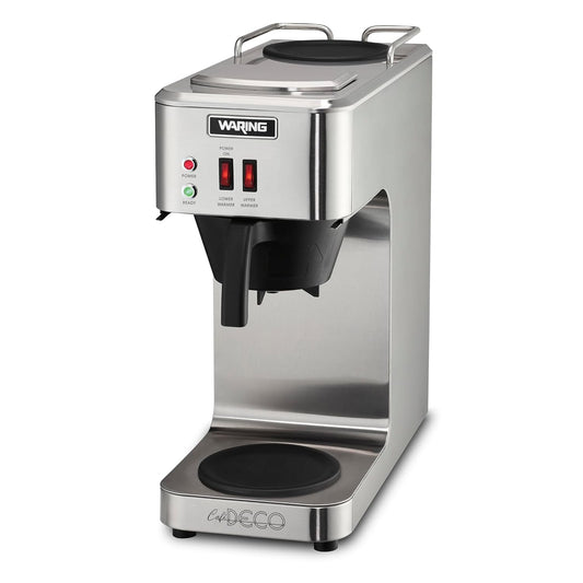 Waring WCM50 Café Deco Pour Over Decanter Coffee Brewer, Stainless Steel Construction, Two Individually Operated Warmers, No Plumbing Required, 120V, 5-15 Phase Plug,Silver