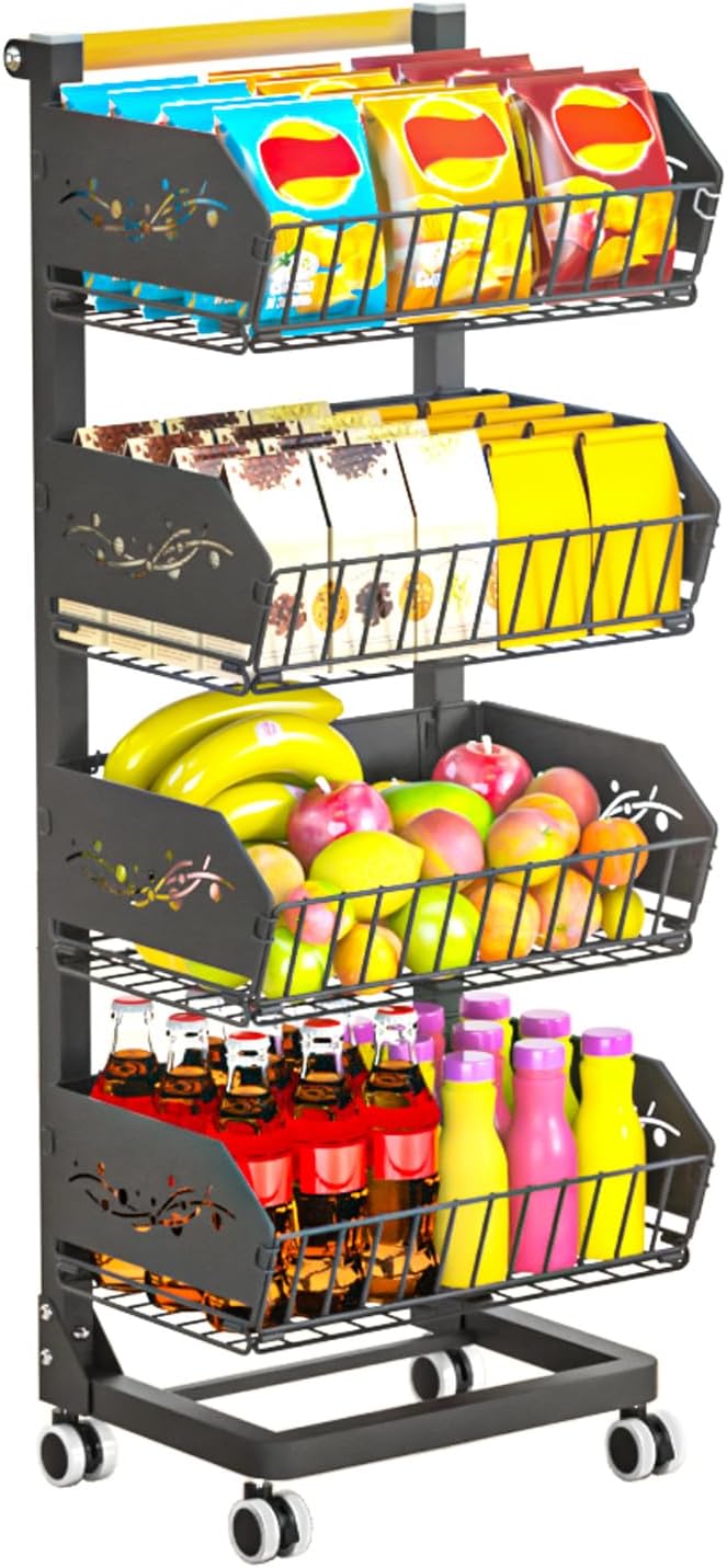 Heavy 4-Tier Snack Cart with Wheels ，Removable Rolling Pantry Floor Organizers ，Upgraded Wider and Thicker, Kitchen Fruit Basket Stand and Storage Rack for Fruit Snack Onion Potato, (Wooden Handle)