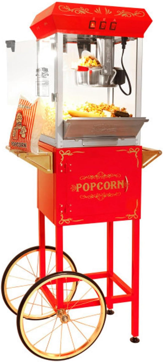 Foundation Popcorn Maker Machine with Cart - 8oz Stainless Steel Kettle Makes up to 48 Cups - Movie Theater Style Vintage Popcorn Machine Cart on Wheels by Great Northern Popcorn (Red)