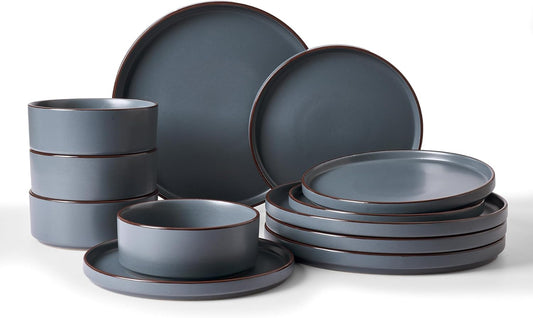 Famiware Nebula Ridge Stoneware Dinnerware Sets, Plates and Bowls Sets for 4, 12 Pieces Dishes Set, Microwave and Dishwasher Safe Kitchen Plates, Charcoal