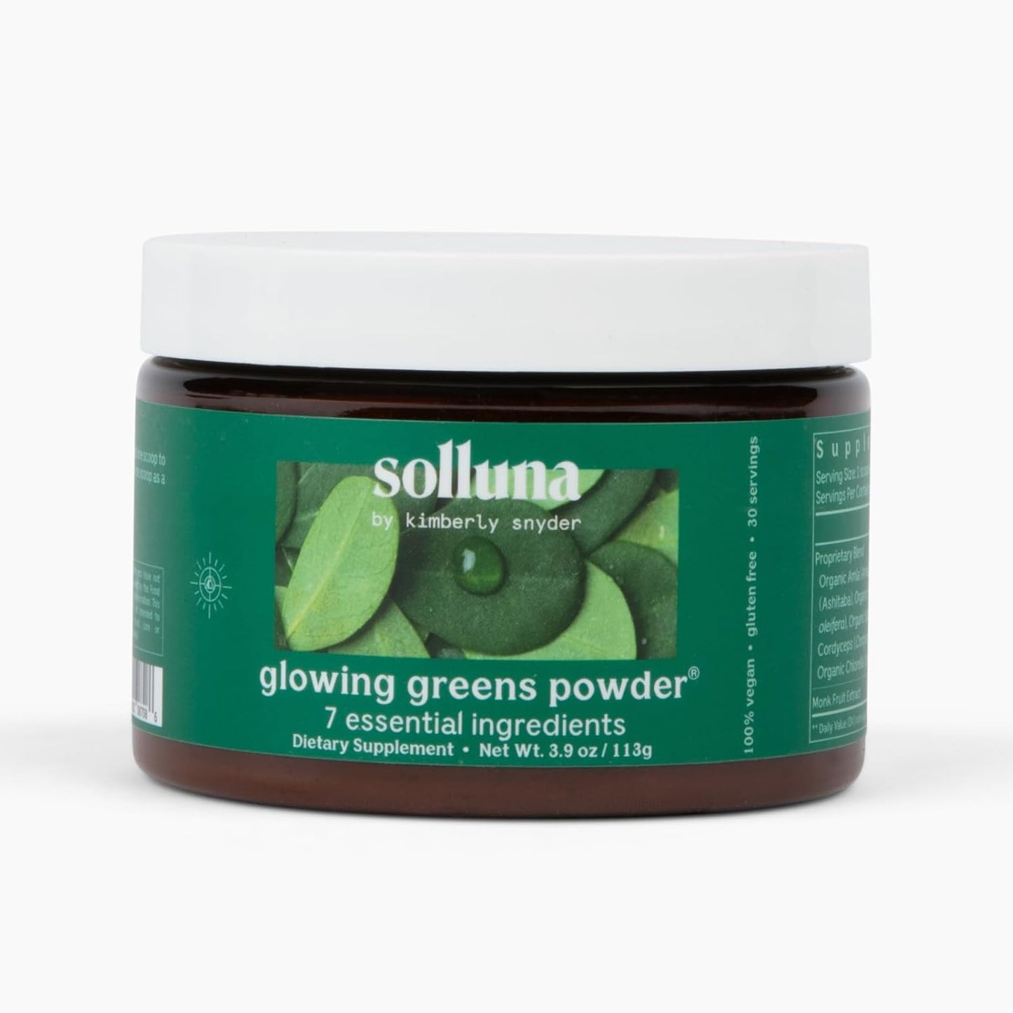 Solluna by Kimberly Snyder Greens Superfood Powder with Spirulina, Cordyceps, Chlorella, Moringa, Ashitaba, Amalaki, Monk Fruit — Vitamins & Minerals for Energy & Mood (30 Serv) Vegan & Non-GMO