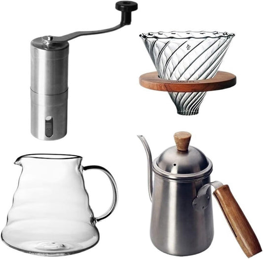 HASMI Coffee Kettle Stainless Steel Wooden Handle Coffee Pot Set Manual Grinder Coffee Bean Maker Glass Coffee Thickened Filter Cup Sharing Pot Coffee Maker, Dingzhebo2022