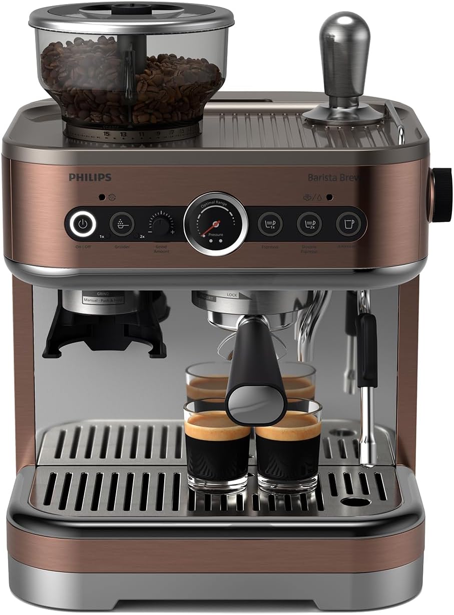 PHILIPS Barista Brew Semi Automatic Espresso Machine - Single & Double Espresso + Americano Button, 280g Dual Bean Container, Intuitive Guidance, Calibrated Tamping, Metal Cappuccino (PSA3228\/41)