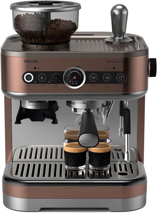 PHILIPS Barista Brew Semi Automatic Espresso Machine - Single & Double Espresso + Americano Button, 280g Dual Bean Container, Intuitive Guidance, Calibrated Tamping, Metal Cappuccino (PSA3228\/41)