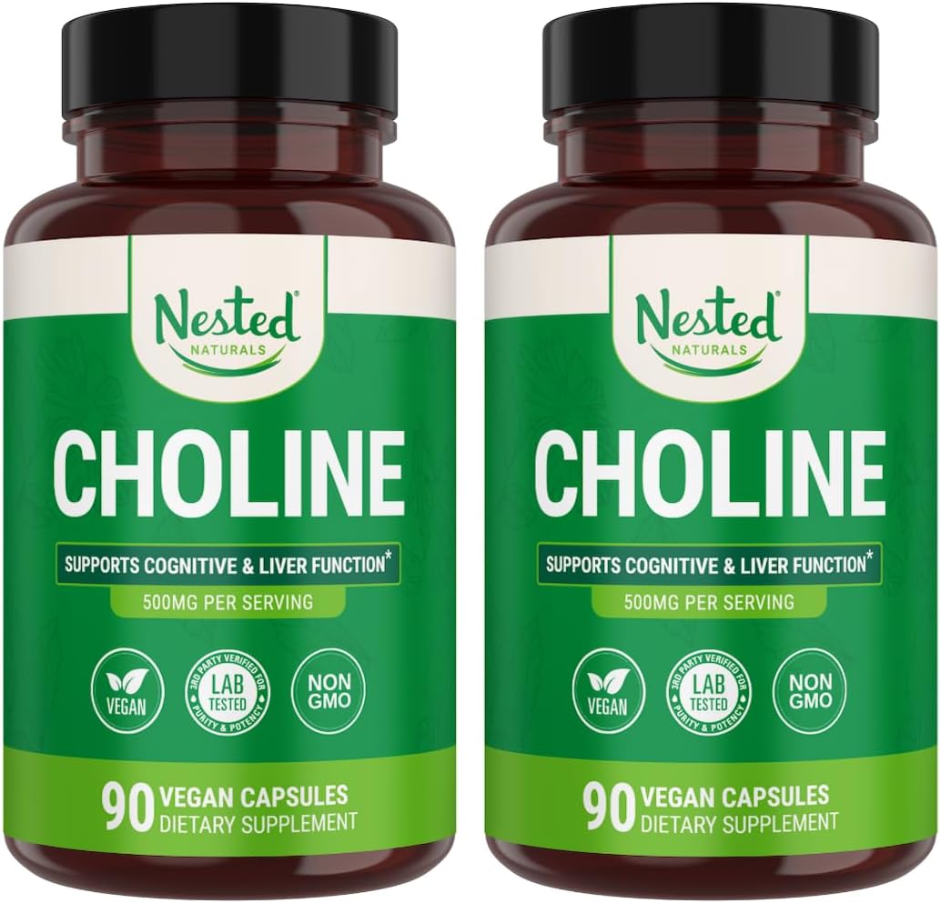 Nested Naturals Choline Bitartrate 500mg - High Potency Choline Supplements - Supports Maternal & Fetal Health During Pregnancy* - 100% Vegan & Non-GMO - 2-Pack (180 Vegan Capsules)