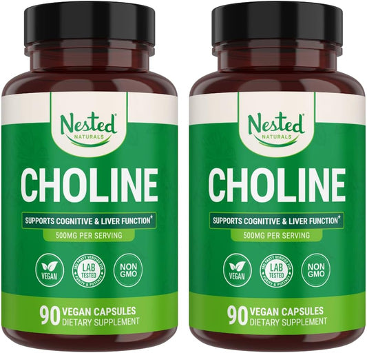 Nested Naturals Choline Bitartrate 500mg - High Potency Choline Supplements - Supports Maternal & Fetal Health During Pregnancy* - 100% Vegan & Non-GMO - 2-Pack (180 Vegan Capsules)