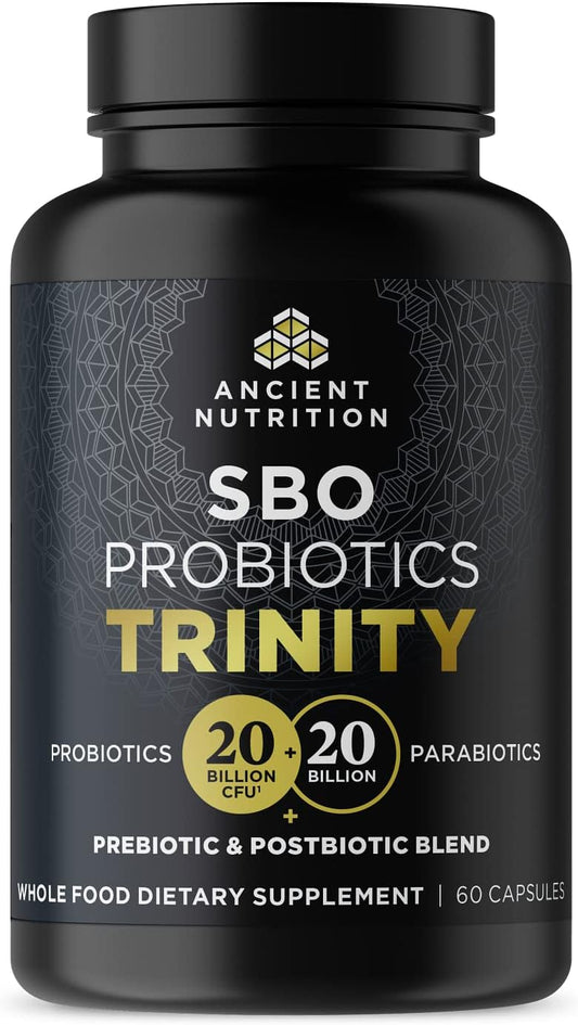 Ancient Nutrition SBO Probiotic Trinity Daily Care, Probiotics for Digestive Health, 40 Billion Blend of Prebiotics, Probiotics, Postbiotics, and Parabiotics Reduces Occasional Bloating, 60 Count