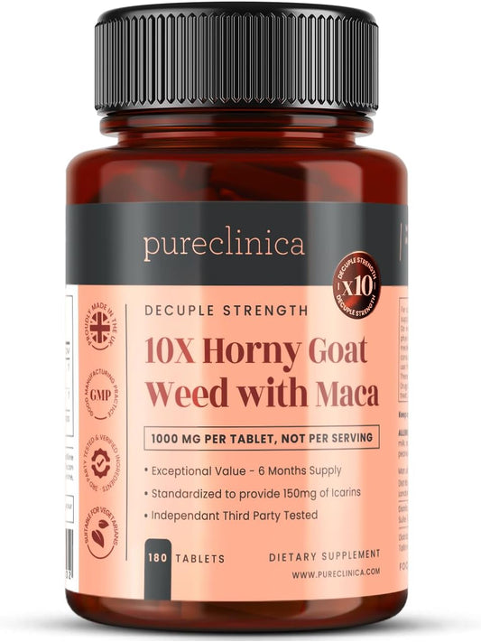 pureclinica 10X Horny Goat Weed & Maca Extract 6250mg x 180 Tablets (6 Months Supply) -10 X More Icariins - w\/5mg Black Pepper Extract for 300% Increased Absorption