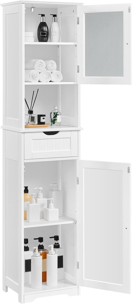 Yaheetech Tall Bathroom Storage Cabinet 67″, Wooden Floor Cabinet with Glass Door, Freestanding StorageOrganizer with Adjustable Shelves, 1 Drawer and Open Storage for Bathroom, Kitchen, Living Room