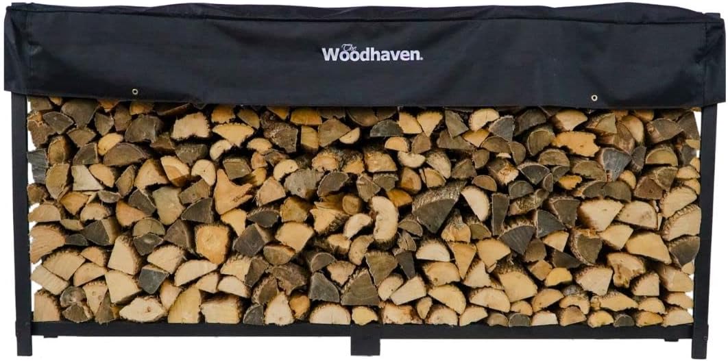 Woodhaven 10 Foot Black Firewood Log Rack With Optional Seasoning Cover - Made In The USA - Lifetime Structural Warranty - Steel Outdoor Rack with Black Texture Powder Coat Finish (Cover)