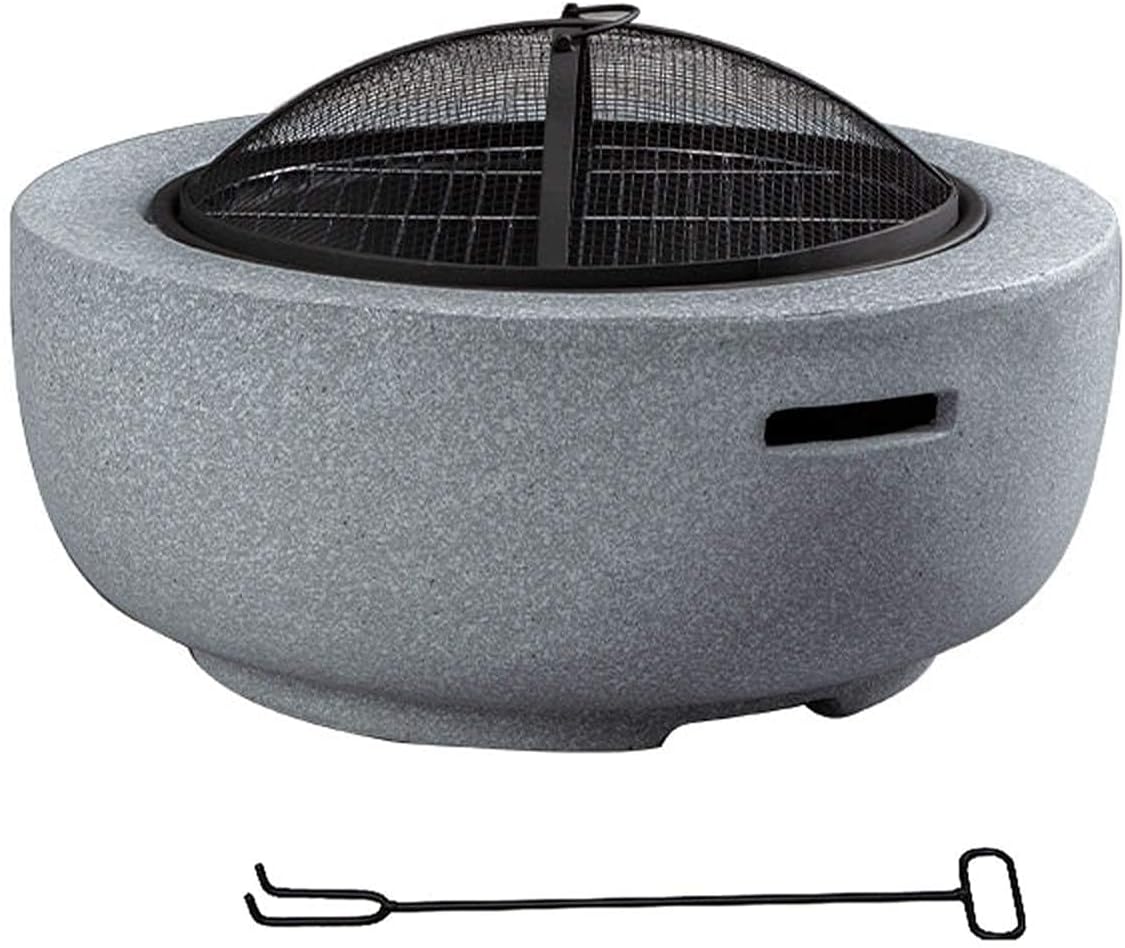 Concrete Fire Table, Round Patio Fire Pit, with Spark Screen, Fireplace Poker, Grate, and BBQ Grill for Outdoor Bonfire, Charcoal and Wood Burning Firepit Magnesium Oxide Base