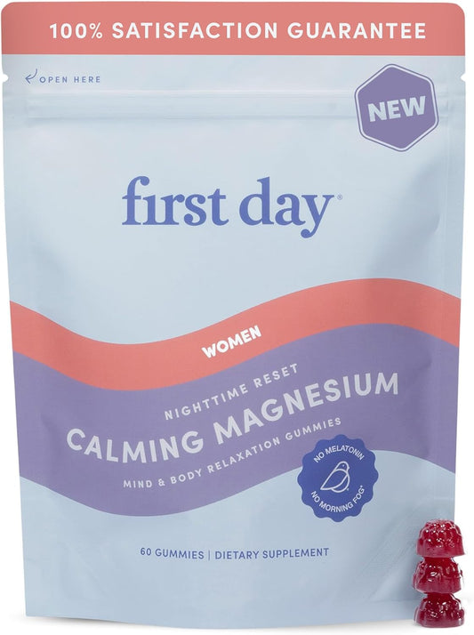 FIRST DAY Women\u2019s Nighttime Reset Calming Magnesium Gummies \u2013 Sleep Aid Supports Peaceful Rest, Balanced Mood & Energy \u2013 Supplement with Magnesium Citrate, L-Theanine & No Melatonin \u2013 30-Day Supply