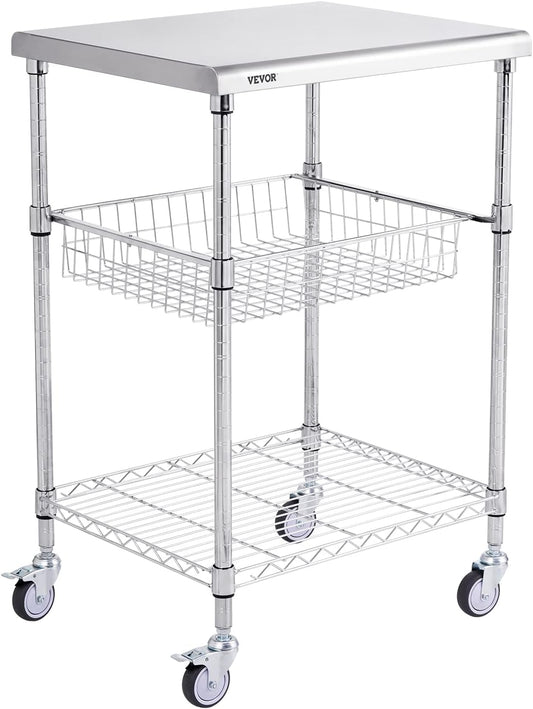 VEVOR Kitchen Utility Cart, 36.6"x20"x24" 3 Tiers Wire Rolling Cart, 470LBS Capacity Steel Service Cart with Brake Wheels, Storage Trolley with 76mm Basket PP Liner 6 Hooks, for Indoor & Outdoor Use