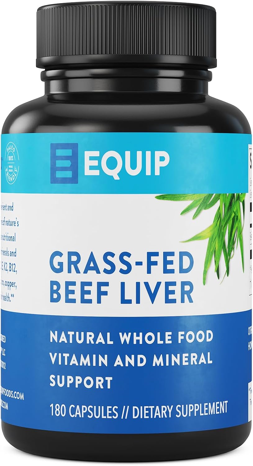 Equip Foods Grass-Fed Beef Liver | Natural Desiccated Beef Liver Supplement | Support Heart Health, Brain Function, Digestion, Metabolism, Immunity, Detoxification | 180 Capsules, 30 Servings