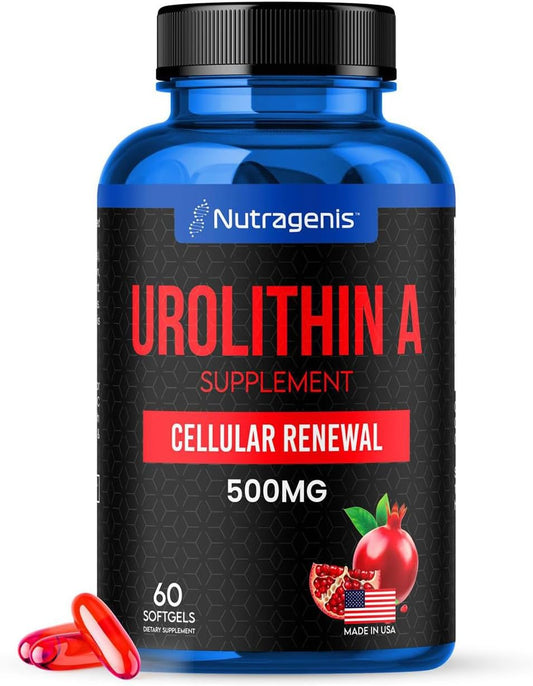 Urolithin A Supplement 500mg - 60 Softgel - Advanced Cellular Renewal & Vitality - Mitoceutical for Enhancing Muscle Strength - Made in USA