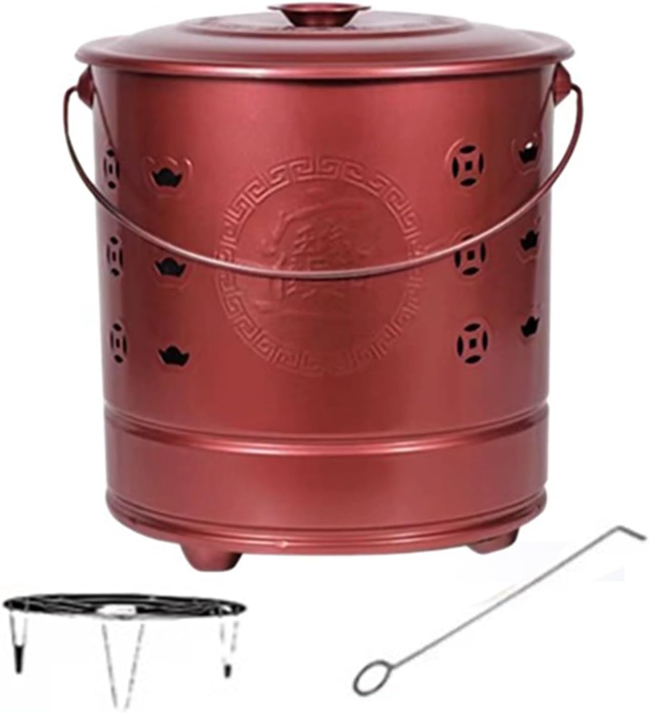 Garden Stainless Steel Outdoor Smokeless Burn Barrels Outside Incinerator Fire Pit for Burning Trash, Burn Cage with Fire Hooks & Handle Bonfire Incineration Barrel for Backyard Leaf Paper Wood.(Red,4