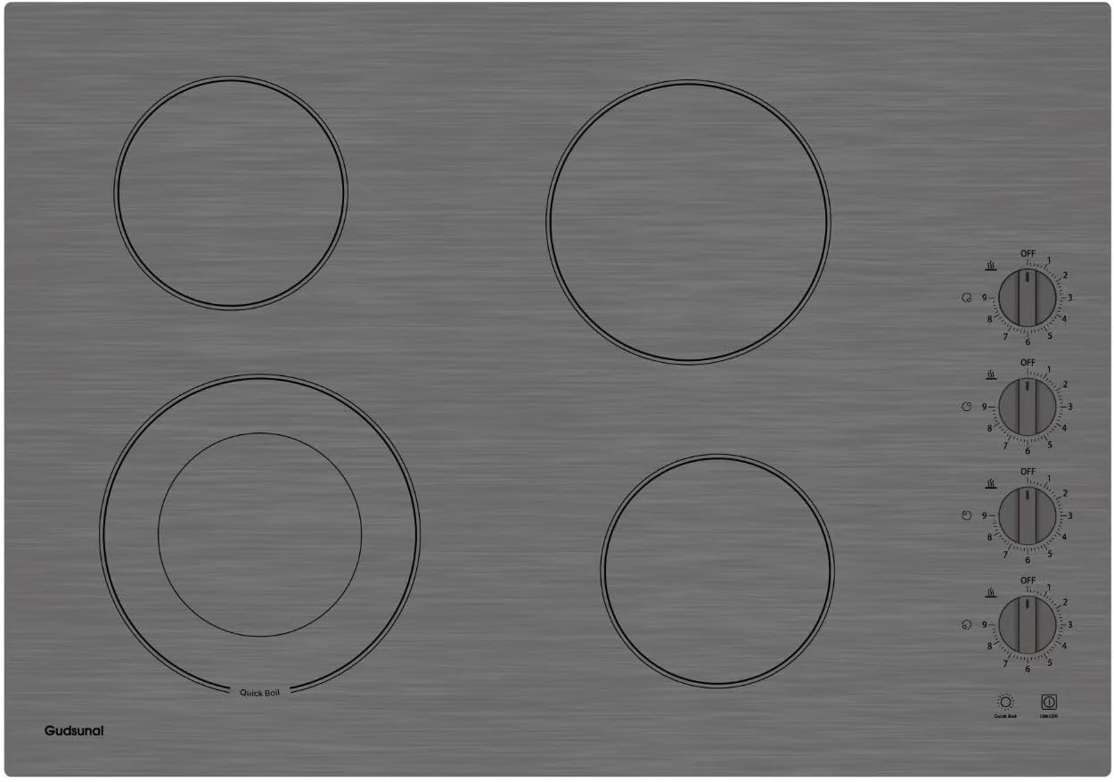 30 Inch Electric Cooktop 4 Burners,3000 Watt Dual-Ring Burner for Quick Boil,Shatterproof Glass, Knob Switch, 9 Heating Level, Drop-in Electric Stove Top,Gray