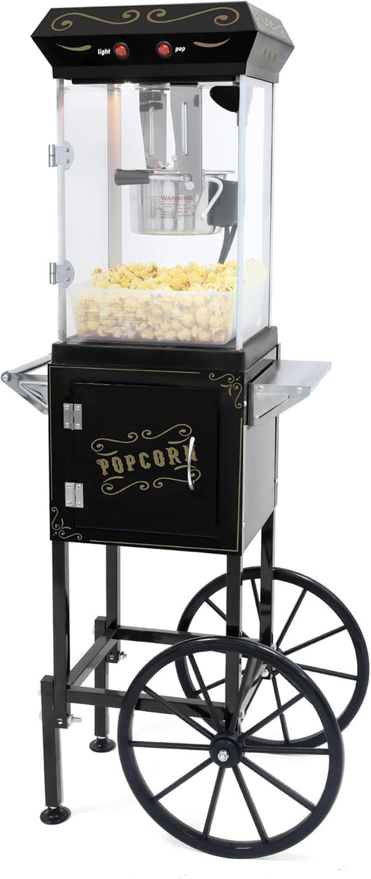 Fsazub 8 OZ Popcorn Cart Machine on Wheels, 480W Popcorn Maker for 32 Cups Popcorn Per Batch, 2-Switch Control Vintage Theater Popcorn Machine with Tempered Glass Doors & 1 Scoop 2 Spoons (Black)