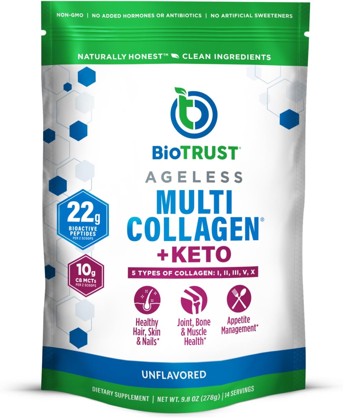 BioTrust Multi Collagen Protein Powder + Keto MCT Oil \u2013 5 Types (I, II, III, V, X) & 100% Caprylic Acid C8 - Support Elevated Ketones, Metabolism, Joints & Beauty All in 1 Collagen Powder (Unflavored)