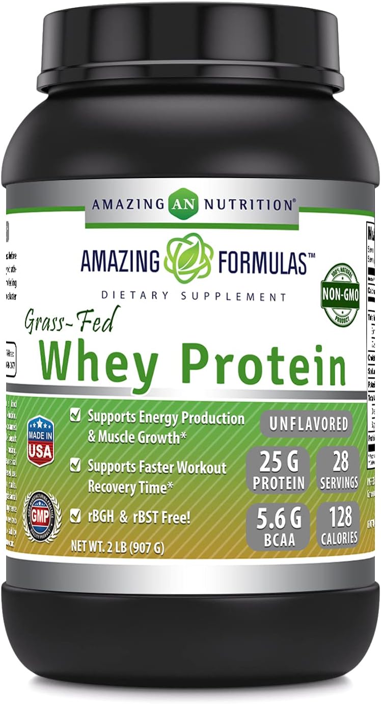 Amazing Formulas Grass-Fed Whey Protein Powder | 25 Grams Protein Supplement | Natural Sweetener and Flavor | Contains BCAA & EAA | Non-GMO | Made in USA (2 Lb, Unflavored)