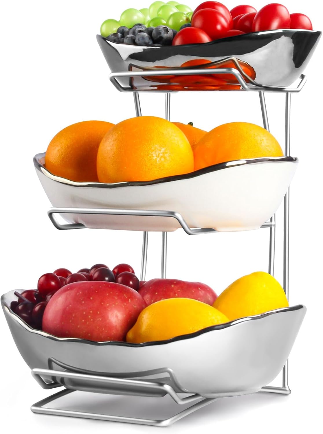 YUNLINLI Fruit Bowl for Kitchen Counter, 3 Tier Fruit Basket for Counter, Ceramic Fruit Holder, Tiered Fruit Stand with Metal Stand, Detachable Rack for Fruit Vegetable Snack Dessert Storage (Silver)