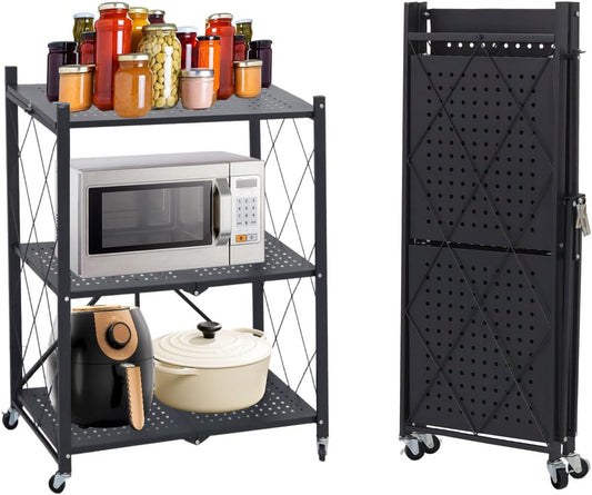 COKIHOM 3 Tier Foldable Storage Shelf, Large Capacity Metal Shelf Rack, Rolling Bookshelf with Wheels, Wire Shelf Organizer for Kitchen, Pantry, Office, Garage, Basement, Black