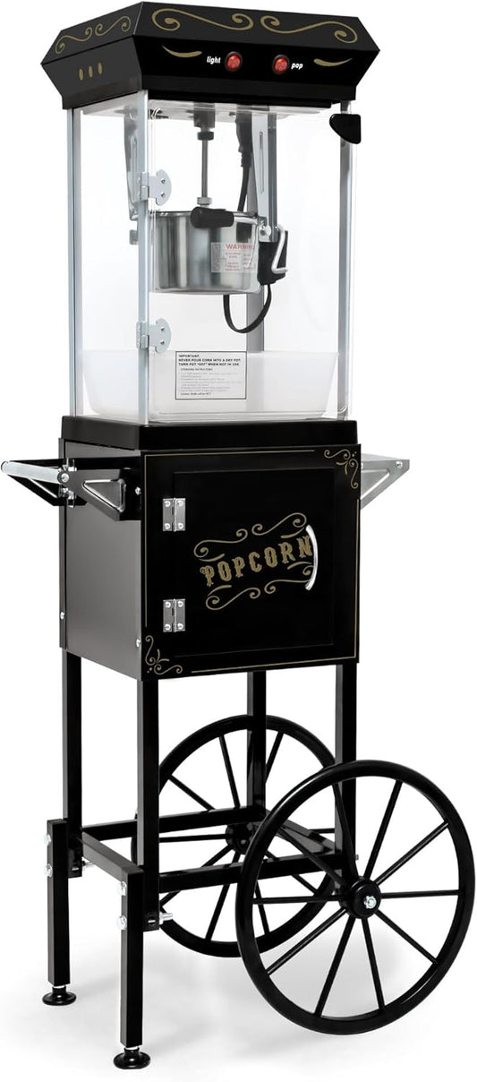 Soliflow Popcorn Machine with Cart, with Wheels & 6 Oz Pot Popcorn Maker Stainless Steel Oil Spoon, Mobile Cart with Lockers for Commercial Home Movie Theater Vintage Style (BLACK, 6 oz)