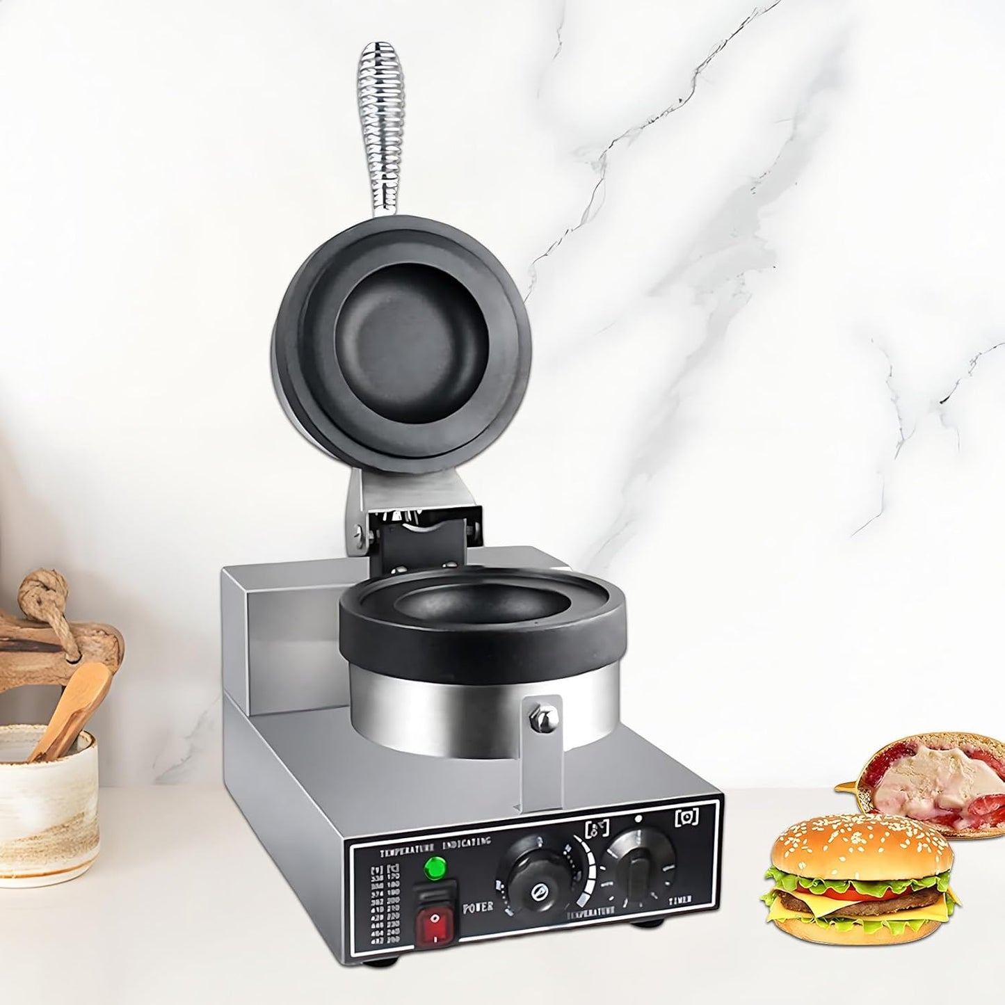 Premium Electric Burger Grill Toaster & Krapfen Warmer Press - Non-Stick Plates, Commercial Grade Stainless Steel for Donuts, Ice Cream Brioche, Food Trucks Single