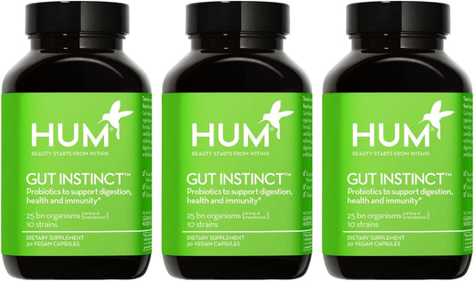 HUM Gut Instinct Daily Probiotics for Women and Men, Digestive Health, Lactobacillus, Bifidobacterium Strains for Immune Support, Probiotic Supplement for Healthy Gut Diversity, 90 Capsules