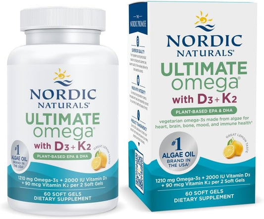 Nordic Naturals Ultimate Omega Plant Based Vitamin with Vitamin D3+K2-60 Vegetarian Soft Gels - 1210 mg Omega-3s Plus 2000 IU D3 and 90 mcg K2 - Promotes Brain Health - Non GMO - 30 Servings