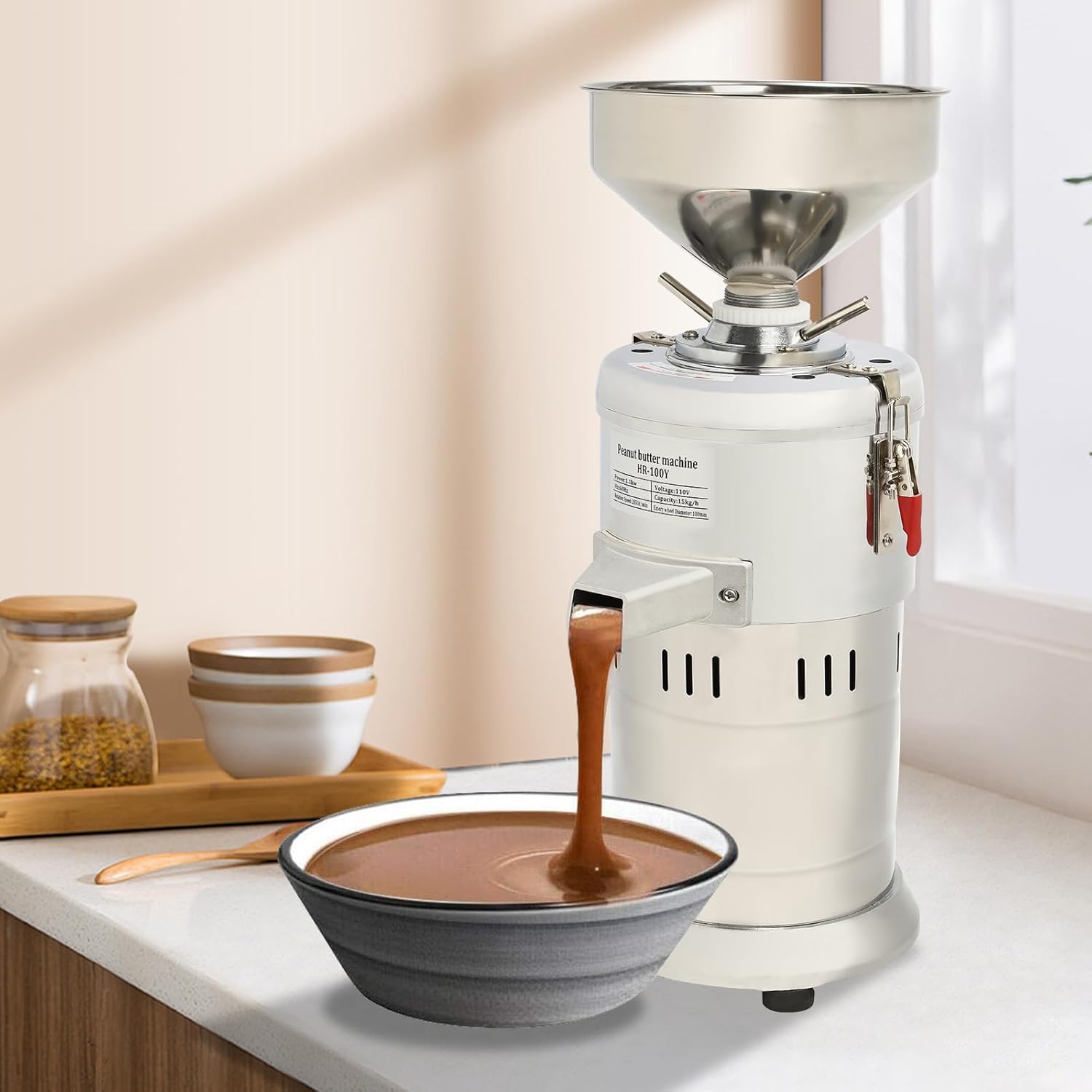 Peanut Butter Maker Machine, Nut Butter Machine, Electric Grain Grinder Peanut Butter Maker Sesame Sauce Grinder Home/Commercial for Groundnut, Almond, Cashew Nut and Sesame 110V 33lb/h 1100W