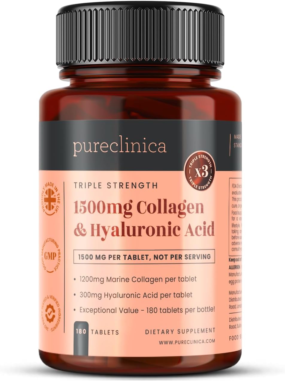 pureclinica 1500mg UltraColl Collagen (1200mg) and Hyaluronic Acid (300mg) x 180 Tablets - 6 Months Supply