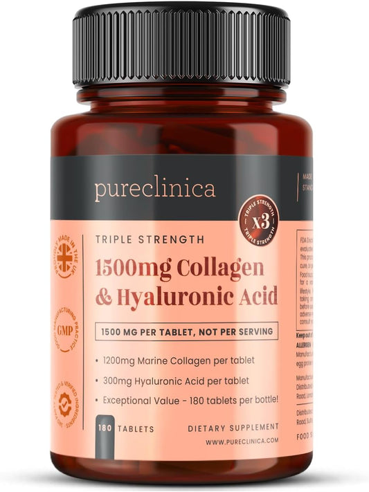pureclinica 1500mg UltraColl Collagen (1200mg) and Hyaluronic Acid (300mg) x 180 Tablets - 6 Months Supply
