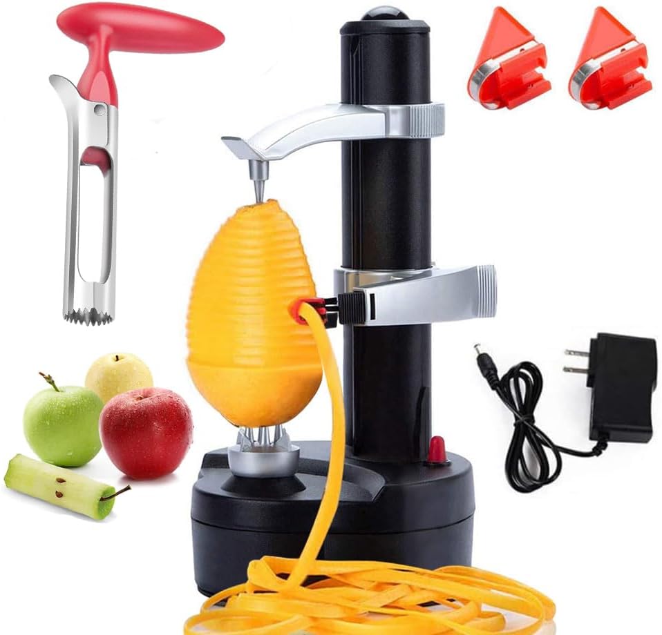 AIHANCH Electric Potato Peeler Automatic Potato Peeler Machine, Electric Peeler Fruits and Vegetables, Apple Peeling Machine for Kitchen [1 Adapter 2 Extra Blades] with Apple Corer (Black-C)